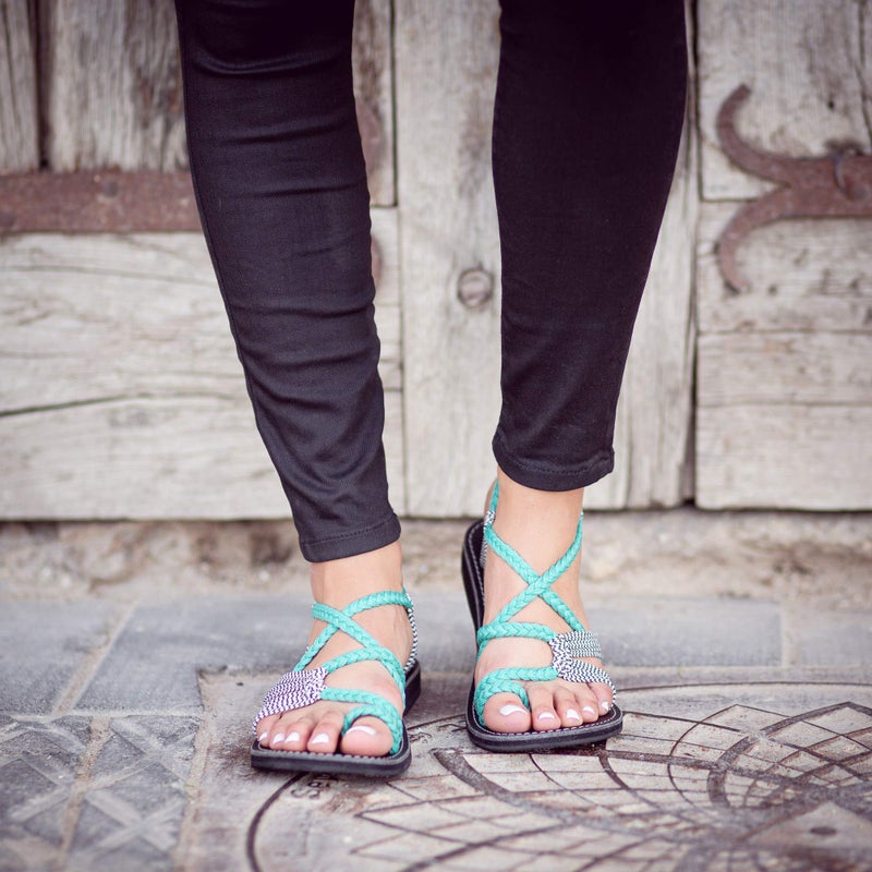 Plaka Palm Leaf Flat Summer Sandals for Women | Perfect for the Beach Walking & Dressy Occasions | Turquoise Zebra | Size 10 - Image 4